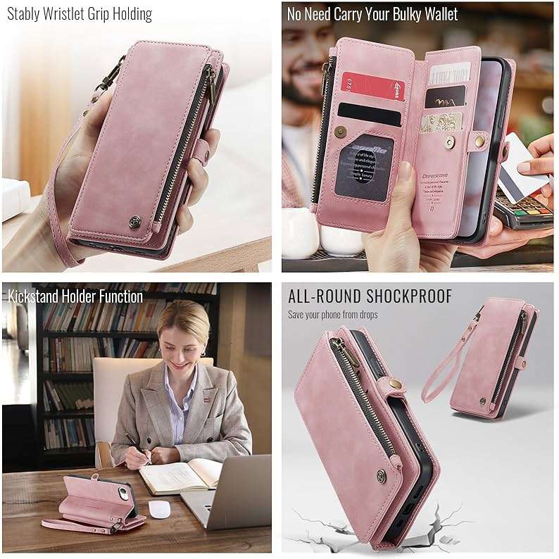 Defencase for iPhone 16E/17E Case Wallet with RFID Blocking Card Holder Slots for Women Men, Elegant PU Leather Magnetic Snap Flip Wristlet Strap Zipper Wallet Phone Cases for iPhone 17e & 16e, Pink - Image 4