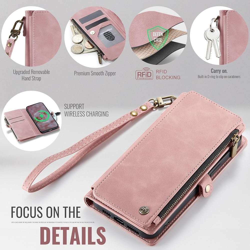 Defencase for iPhone 16E/17E Case Wallet with RFID Blocking Card Holder Slots for Women Men, Elegant PU Leather Magnetic Snap Flip Wristlet Strap Zipper Wallet Phone Cases for iPhone 17e & 16e, Pink - Image 5