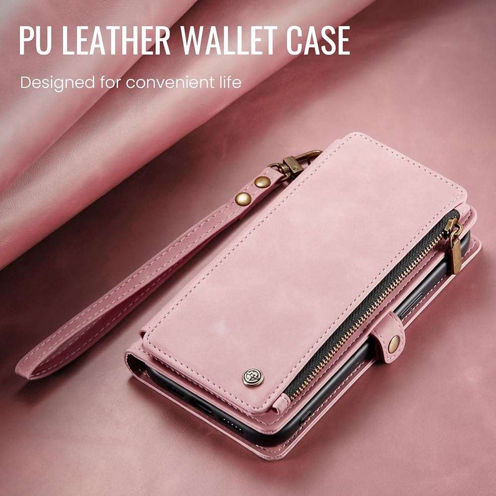 Defencase for iPhone 16E/17E Case Wallet with RFID Blocking Card Holder Slots for Women Men, Elegant PU Leather Magnetic Snap Flip Wristlet Strap Zipper Wallet Phone Cases for iPhone 17e & 16e, Pink - Image 7