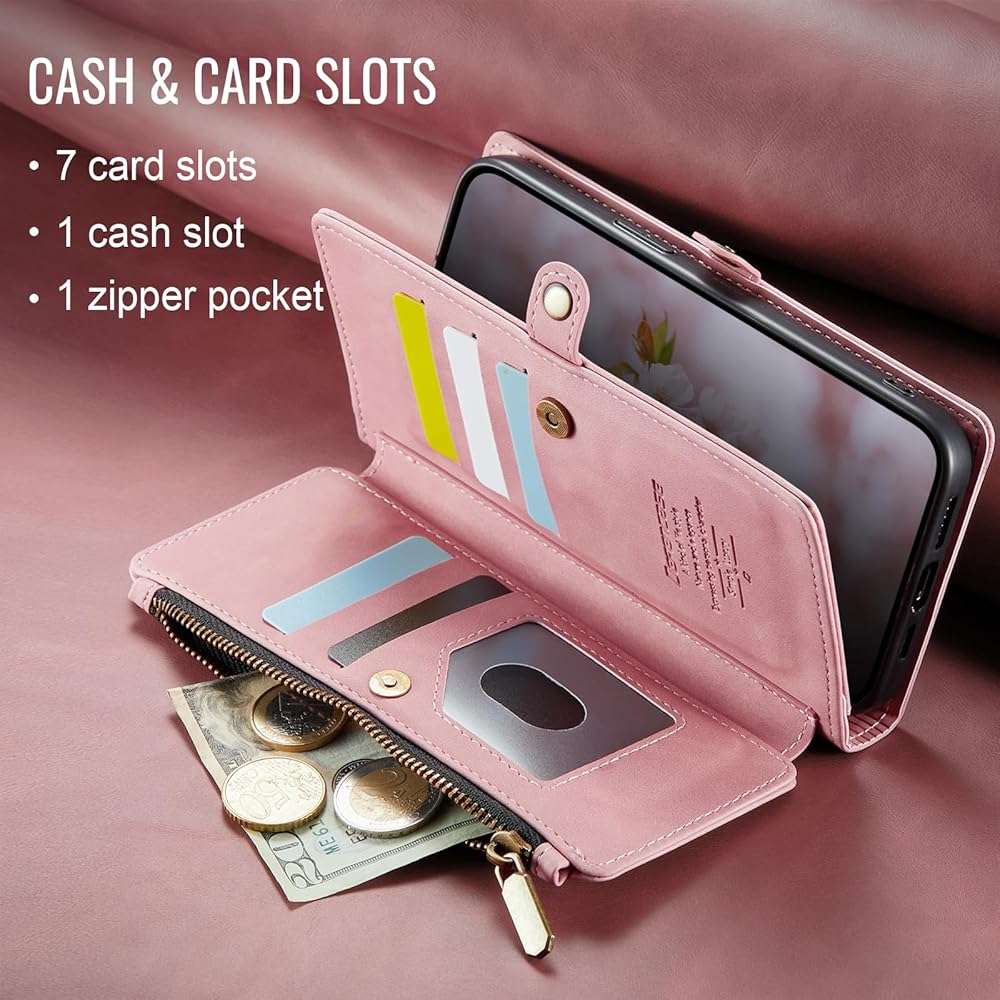 Defencase for iPhone 16E/17E Case Wallet with RFID Blocking Card Holder Slots for Women Men, Elegant PU Leather Magnetic Snap Flip Wristlet Strap Zipper Wallet Phone Cases for iPhone 17e & 16e, Pink - Image 8