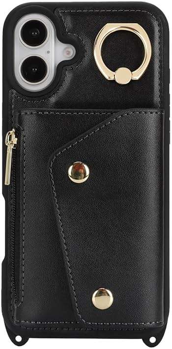 Lipvina for iPhone 16 Case with Card Holder and Strap - Zipper Pocket,Crossbody Lanyard Strap,Credit Card Holder,Stand Ring,Cute Phone Wallet Case for Women(Black,6.1 Inch) - Image 4