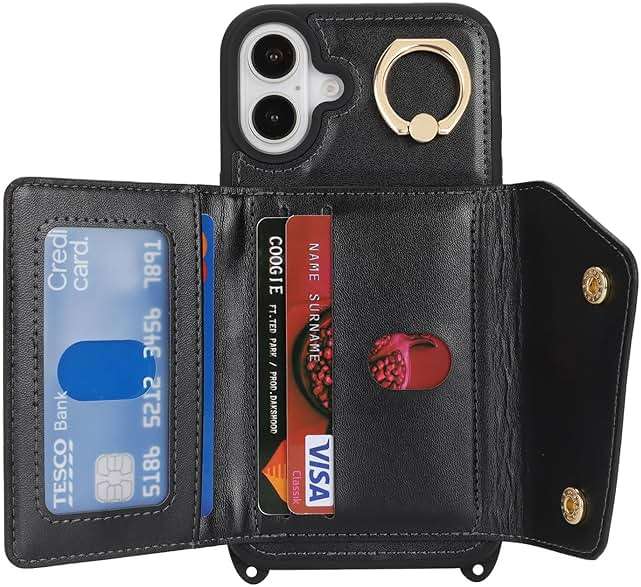 Lipvina for iPhone 16 Case with Card Holder and Strap - Zipper Pocket,Crossbody Lanyard Strap,Credit Card Holder,Stand Ring,Cute Phone Wallet Case for Women(Black,6.1 Inch) - Image 6