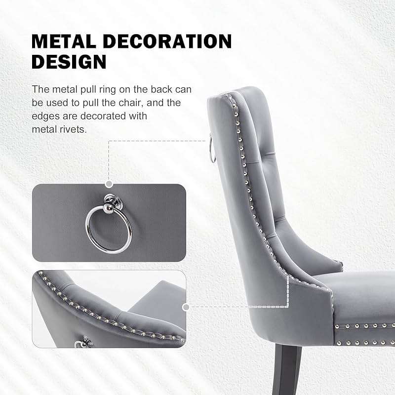 Hixkol Velvet Dining Chairs Set of 4,Upholstered Dining Chairs with Ring Pull Trim and Button Back,Modern Seating for Kitchen, Bedroom & Living Room(Grey) - Image 7