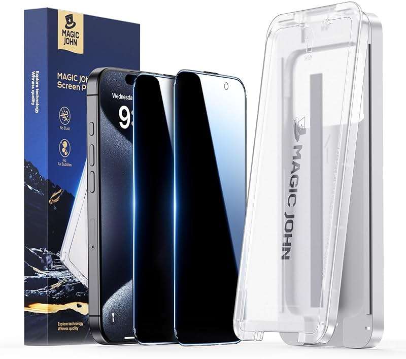 MAGIC JOHN 3rd Gen Upgraded for iPhone 15 Pro Privacy Screen Protector 6.1 Inch, 25°Anti-Spy Screen, Shockproof Tempered Glass, Auto Dust-Removal, Bubble Free, Easy Installation, 2 Pack - Image 1