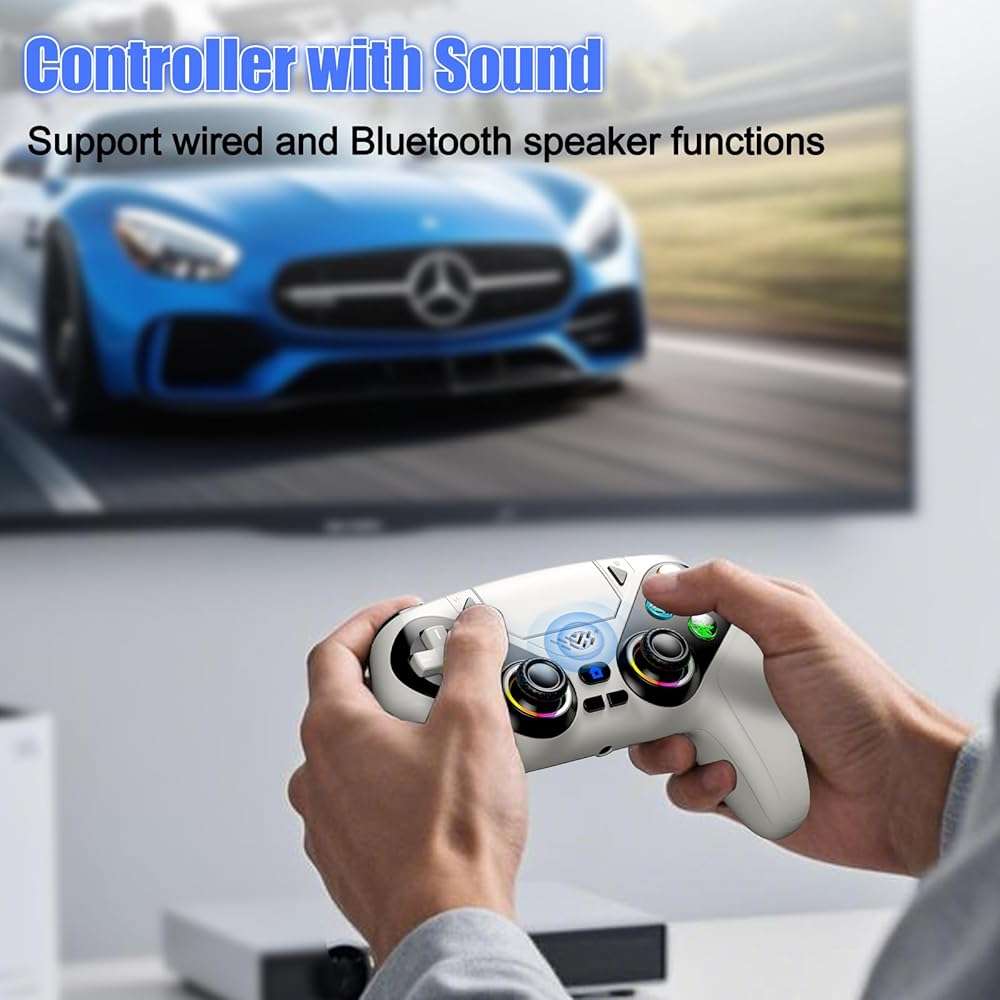 Gamrombo LED Wireless Controller for PS5, Compatible with PS5 Pro/Slim/PC, Dual Vibration, Macro/Turbo Function, 3.5mm Audio Jack, 6-Axis Motion Control Gamepad with Speaker(White) - Image 5