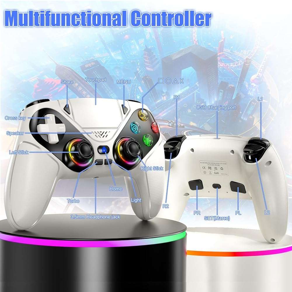 Gamrombo LED Wireless Controller for PS5, Compatible with PS5 Pro/Slim/PC, Dual Vibration, Macro/Turbo Function, 3.5mm Audio Jack, 6-Axis Motion Control Gamepad with Speaker(White) - Image 7