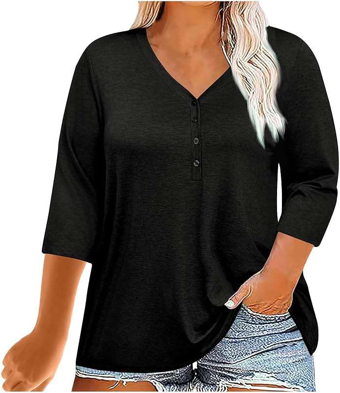 Womens Plus Size Summer Tops Loose Fit 3/4 Sleeve V Neck Button Down Shirt Casual Fashion Solid Oversized Blouse 2025 - Image 1