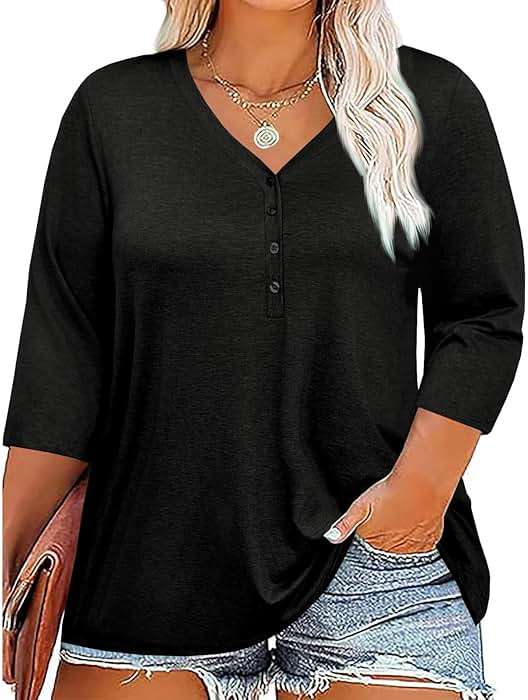 Womens Plus Size Summer Tops Loose Fit 3/4 Sleeve V Neck Button Down Shirt Casual Fashion Solid Oversized Blouse 2025 - Image 2