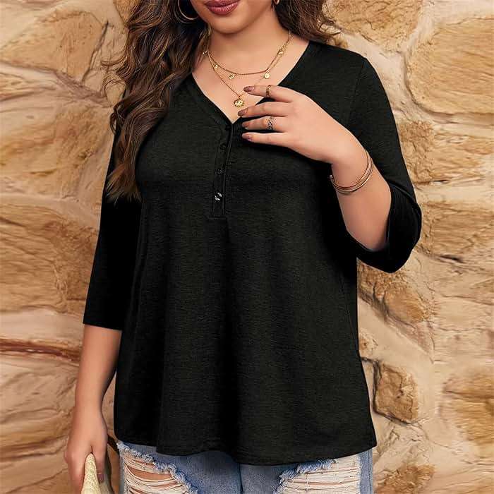 Womens Plus Size Summer Tops Loose Fit 3/4 Sleeve V Neck Button Down Shirt Casual Fashion Solid Oversized Blouse 2025 - Image 4