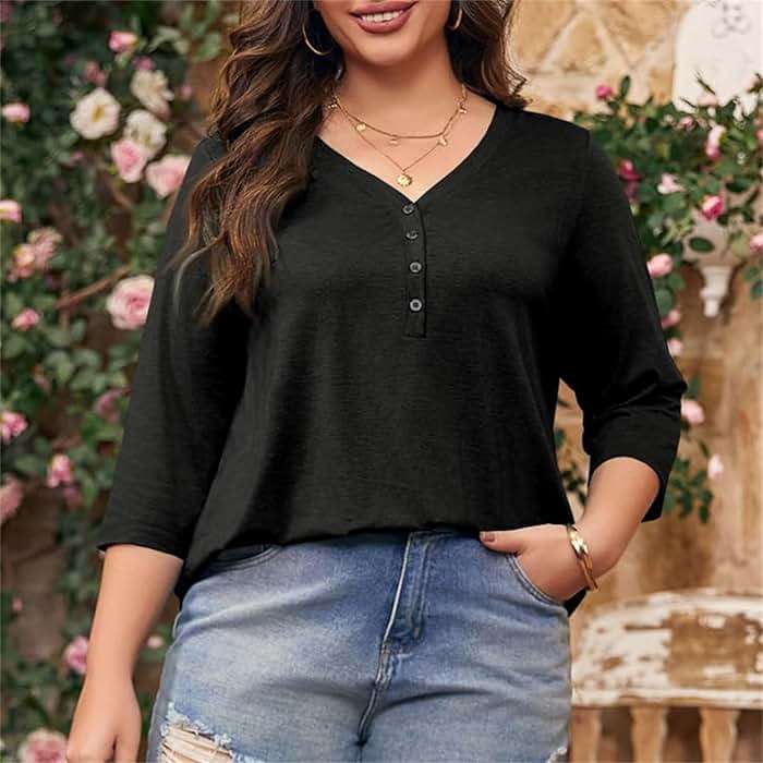 Womens Plus Size Summer Tops Loose Fit 3/4 Sleeve V Neck Button Down Shirt Casual Fashion Solid Oversized Blouse 2025 - Image 5