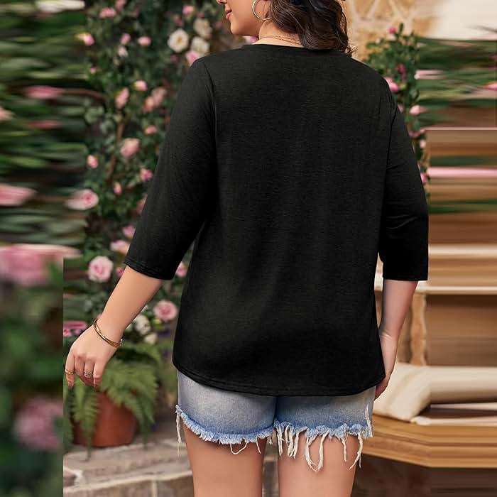 Womens Plus Size Summer Tops Loose Fit 3/4 Sleeve V Neck Button Down Shirt Casual Fashion Solid Oversized Blouse 2025 - Image 7