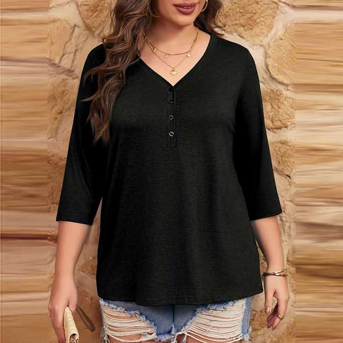 Womens Plus Size Summer Tops Loose Fit 3/4 Sleeve V Neck Button Down Shirt Casual Fashion Solid Oversized Blouse 2025 - Image 8