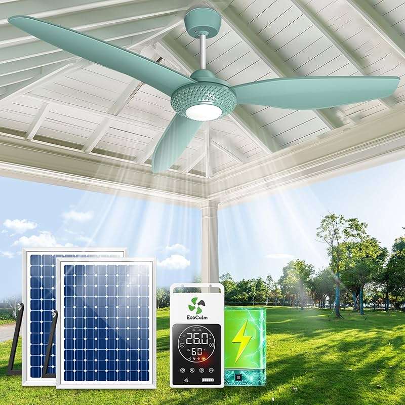 ecoCalm Outdoor Ceiling Fan Light for Gazebo with Battery, 52" Solar Ceiling Fan with Adjustable Thermostat & 2pcs 30W Bifacial Panels for Patios, Porch, Barn, Shed - Image 1