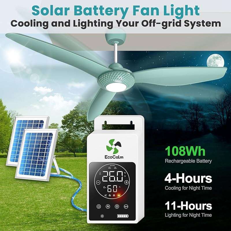 ecoCalm Outdoor Ceiling Fan Light for Gazebo with Battery, 52" Solar Ceiling Fan with Adjustable Thermostat & 2pcs 30W Bifacial Panels for Patios, Porch, Barn, Shed - Image 5
