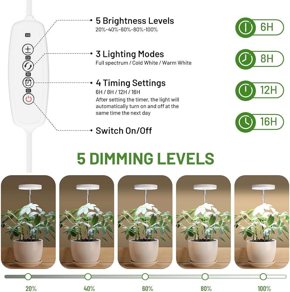 LBW Grow Light for Indoor Plants, Full Spectrum Plant Light with Base, Height Adjustable Plant Growing Lamp with Auto On/Off Timer 6/8/12/16H, 3 Colors,5 Dimmable Brightness, for Small Plants, White - Image 6