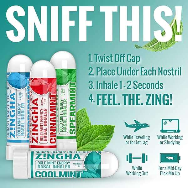 Z!NGHA Natural Aromatherapy Nasal Inhaler Stick for Sinus Relief, Focus & Stress Relief | Portable Dual-Hole Essential Oil Blend (4PK, Coolmint) - Image 8