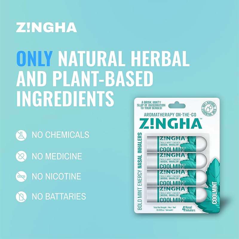 Z!NGHA Natural Aromatherapy Nasal Inhaler Stick for Sinus Relief, Focus & Stress Relief | Portable Dual-Hole Essential Oil Blend (4PK, Coolmint) - Image 9