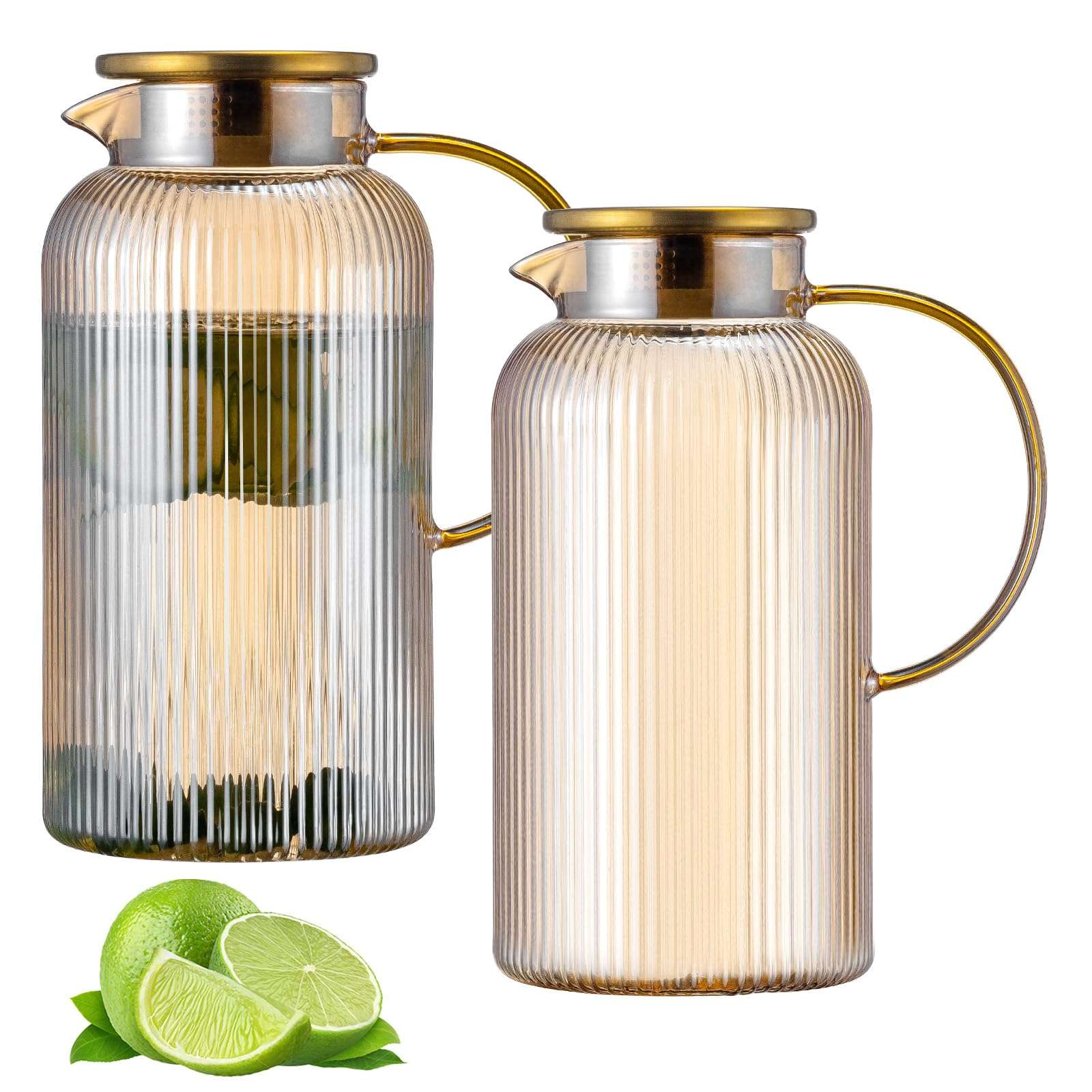 Buaic Glass Pitcher with Lid, 2 PACK 84 oz/ 2.5 Liter Amber Classic Vertical Stripes Water Pitcher,Glass Water Carafe for Cold Brew, Coffee, Lemonade, Iced Sun Tea,Beverage, Milk, Heat Resistant - Image 1