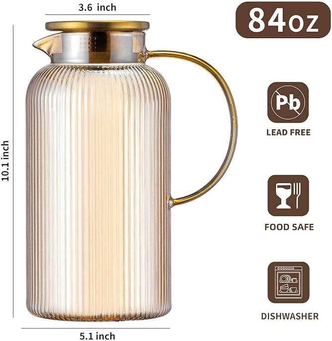 Buaic Glass Pitcher with Lid, 2 PACK 84 oz/ 2.5 Liter Amber Classic Vertical Stripes Water Pitcher,Glass Water Carafe for Cold Brew, Coffee, Lemonade, Iced Sun Tea,Beverage, Milk, Heat Resistant - Image 3