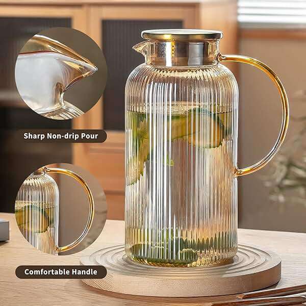 Buaic Glass Pitcher with Lid, 2 PACK 84 oz/ 2.5 Liter Amber Classic Vertical Stripes Water Pitcher,Glass Water Carafe for Cold Brew, Coffee, Lemonade, Iced Sun Tea,Beverage, Milk, Heat Resistant - Image 4