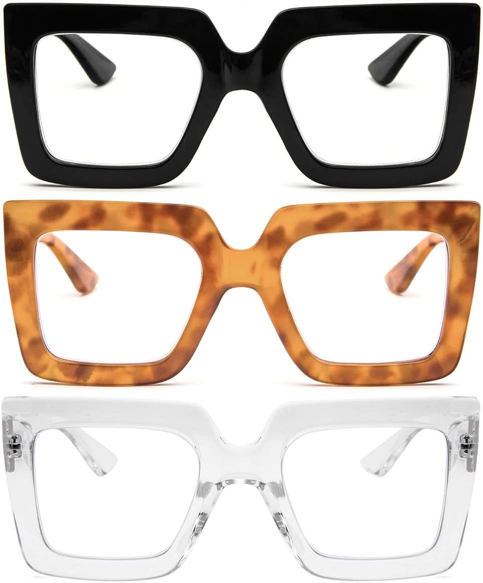 prtcslwd 3 Pack Oversized Thick Frame Reading Glasses for Women,Stylish Square Large Readers Blocking Blue Light Glasses - Image 1