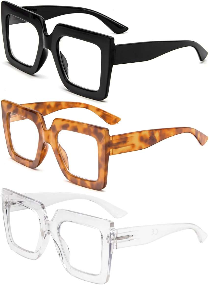 prtcslwd 3 Pack Oversized Thick Frame Reading Glasses for Women,Stylish Square Large Readers Blocking Blue Light Glasses - Image 2