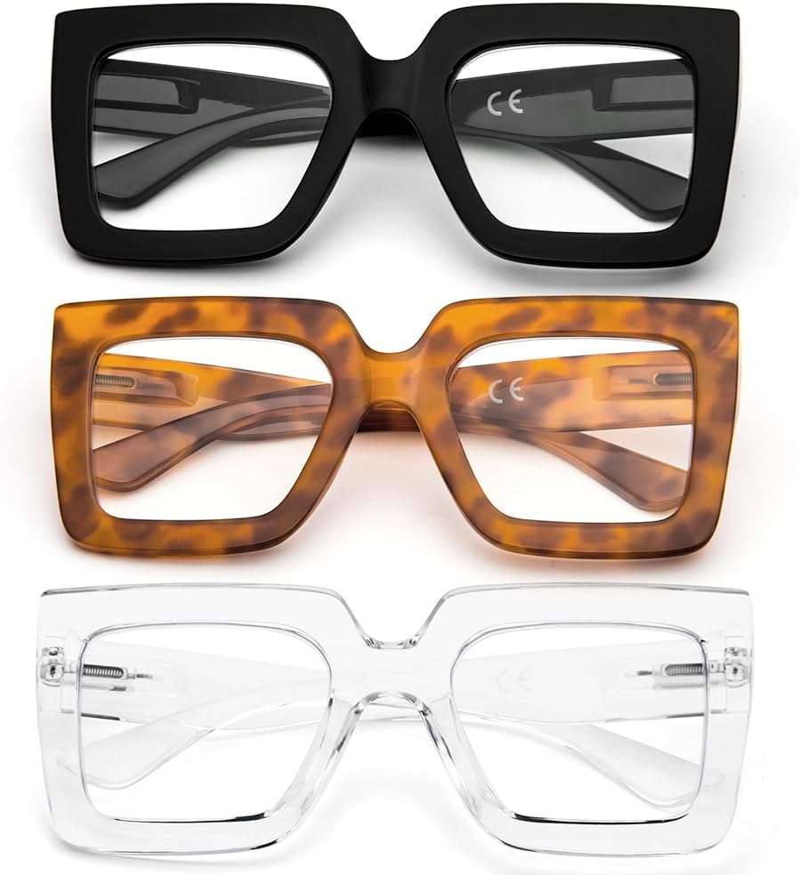 prtcslwd 3 Pack Oversized Thick Frame Reading Glasses for Women,Stylish Square Large Readers Blocking Blue Light Glasses - Image 3