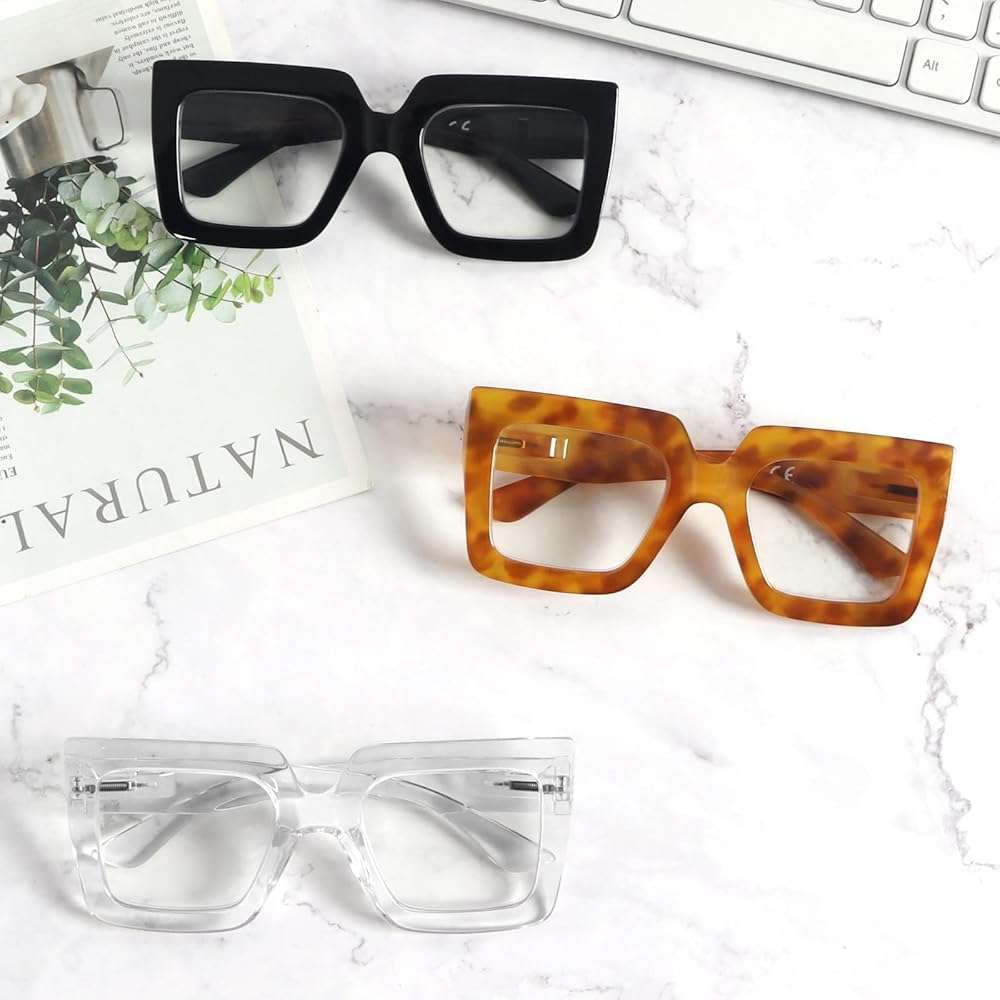 prtcslwd 3 Pack Oversized Thick Frame Reading Glasses for Women,Stylish Square Large Readers Blocking Blue Light Glasses - Image 5