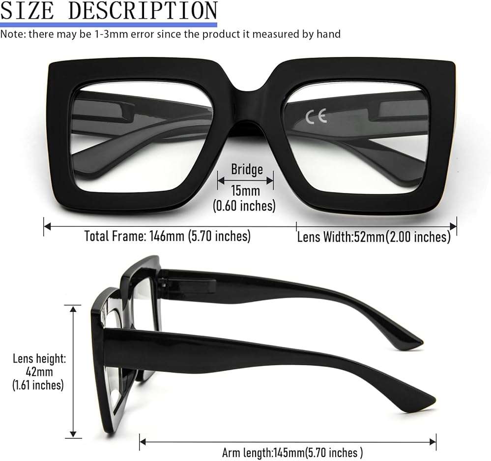 prtcslwd 3 Pack Oversized Thick Frame Reading Glasses for Women,Stylish Square Large Readers Blocking Blue Light Glasses - Image 6