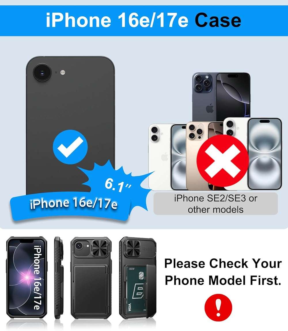 BXYJY for iPhone 17e/16e Case Wallet, Built-in Card Holder (4-5 Cards), Slide Camera Cover, Military Drop & RFID Protection, Rugged Heavy Duty Men Women Protective Phone Case for iPhone 17e/16e, Black - Image 2