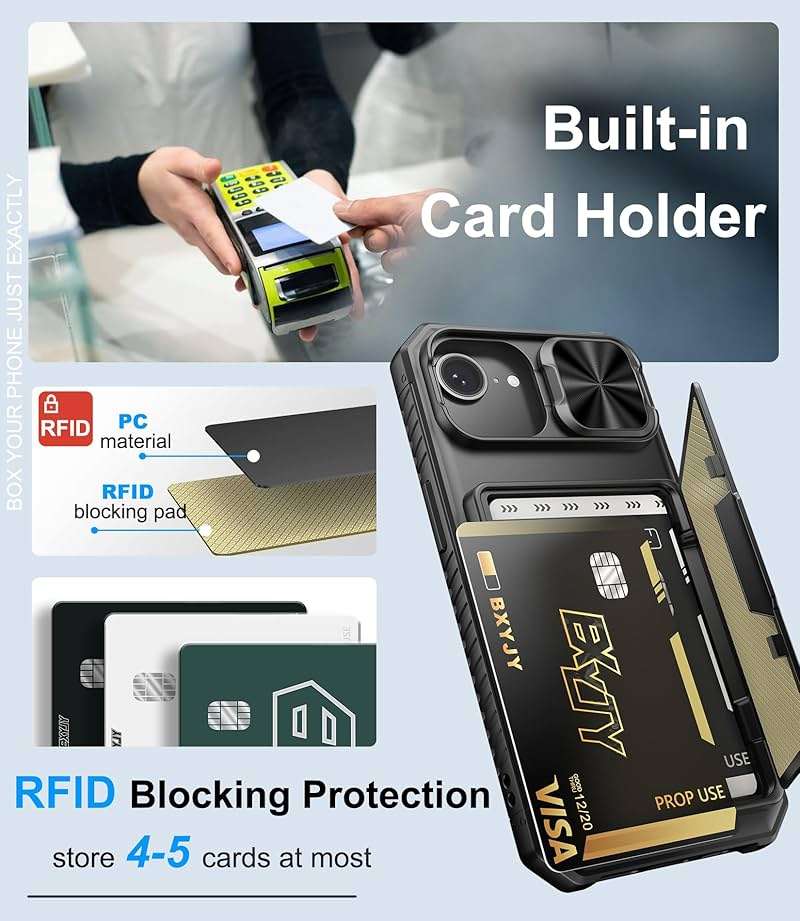 BXYJY for iPhone 17e/16e Case Wallet, Built-in Card Holder (4-5 Cards), Slide Camera Cover, Military Drop & RFID Protection, Rugged Heavy Duty Men Women Protective Phone Case for iPhone 17e/16e, Black - Image 3