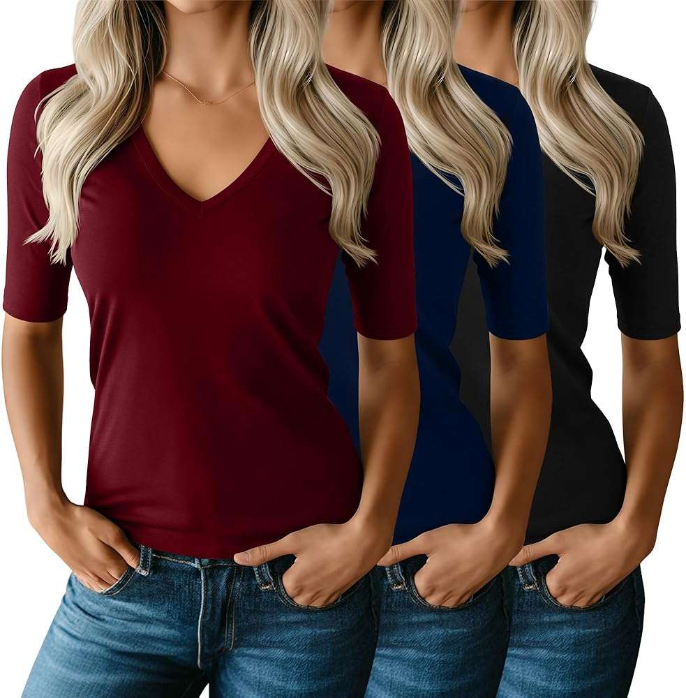 Ficerd 3 Pack Women's Half Sleeve V Neck T Shirts, Mid Elbow Length Sleeve Shirt Slim Fit Tunic Top Casual Summer Tee - Image 1