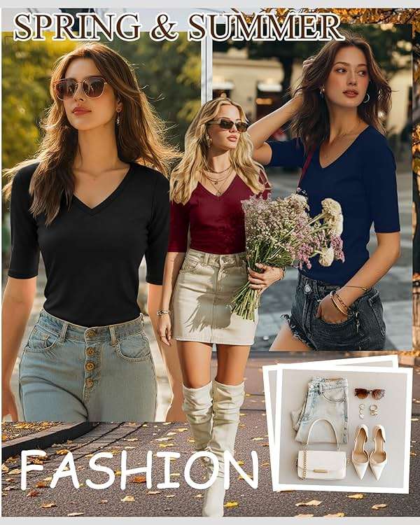 Ficerd 3 Pack Women's Half Sleeve V Neck T Shirts, Mid Elbow Length Sleeve Shirt Slim Fit Tunic Top Casual Summer Tee - Image 3