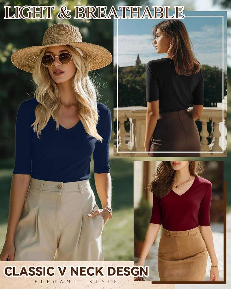 Ficerd 3 Pack Women's Half Sleeve V Neck T Shirts, Mid Elbow Length Sleeve Shirt Slim Fit Tunic Top Casual Summer Tee - Image 5