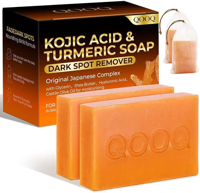 QOOQ Turmeric Kojic Acid Soap for Dark Spots Remover – Facial Cleansing Bar with Vitamin C, Retinol, Collagen, Vitamin E, Glycerin, Shea Butter & Castile Olive Oil – Soap for Women & Men (120g x 2) - Image 1