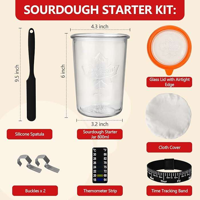 Sourdough Starter Kit, Sourdough Starter Jar Glass Wide Mouth, Sourdough Kit with Thicken Sourdough Glass Jar 27oz, Spatula, Thermometer, Cloth Cover, Feeding band, Sourdough Bread Baking Supplies - Image 3