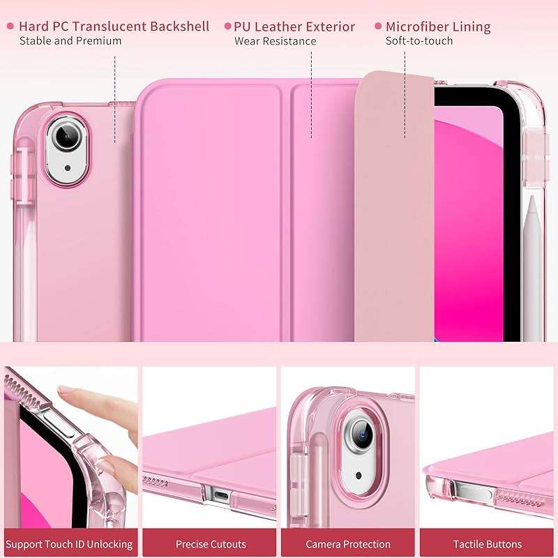 MoKo for iPad (A16) 11th Generation Case 11 Inch 2025, iPad 10th Generation Case 10.9 Inch 2022 with Pencil Holder, Slim Light Trifold Protective Cover with Hard PC Translucent Back Shell, Pink - Image 3
