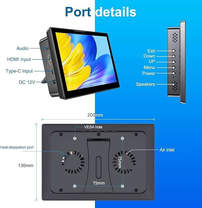JUNEBOX 8 Inch Touchscreen for Raspberry Pi,5-Point 1280 * 800 IPS Touchscreen Portable Monitor with HDMI Interface Dual-Speaker for Raspberry Pi 5/4B/3B+/3B/B+ Jetson Nano Win11/10/8/7 (Inky) - Image 2