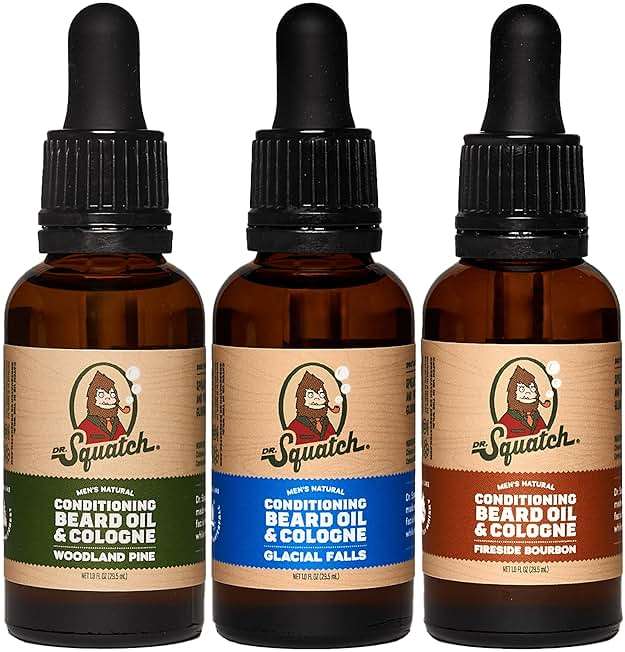 Dr. Squatch Conditioning Beard Oil & Cologne 3 Pack - Natural Men's Beard Oil Gift Pack - Nourish & Moisturize - Long Lasting Scent - Fireside Bourbon, Glacial Falls, Woodland Pine - Image 1