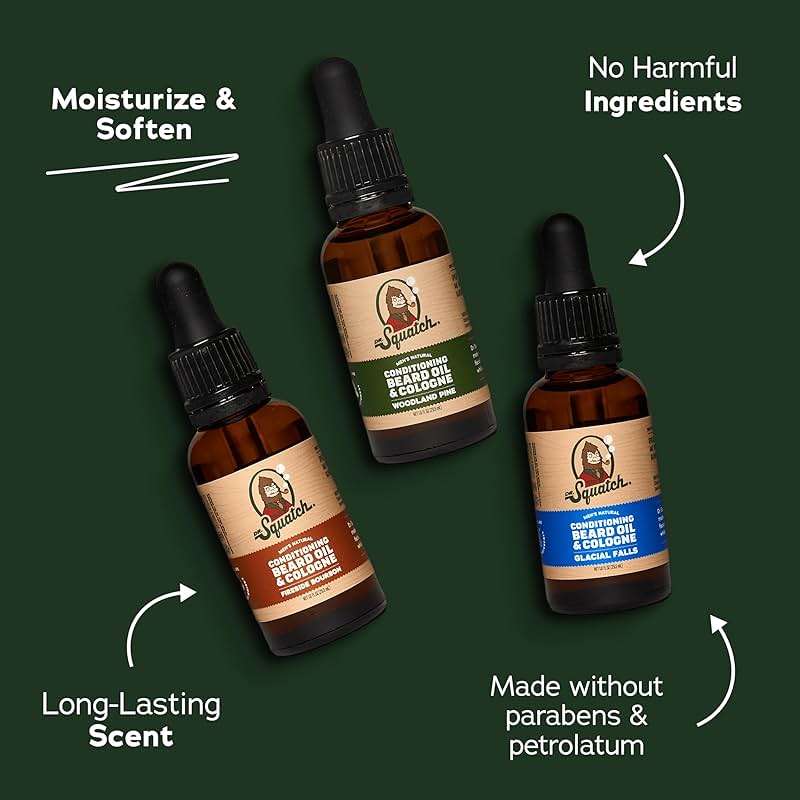 Dr. Squatch Conditioning Beard Oil & Cologne 3 Pack - Natural Men's Beard Oil Gift Pack - Nourish & Moisturize - Long Lasting Scent - Fireside Bourbon, Glacial Falls, Woodland Pine - Image 2