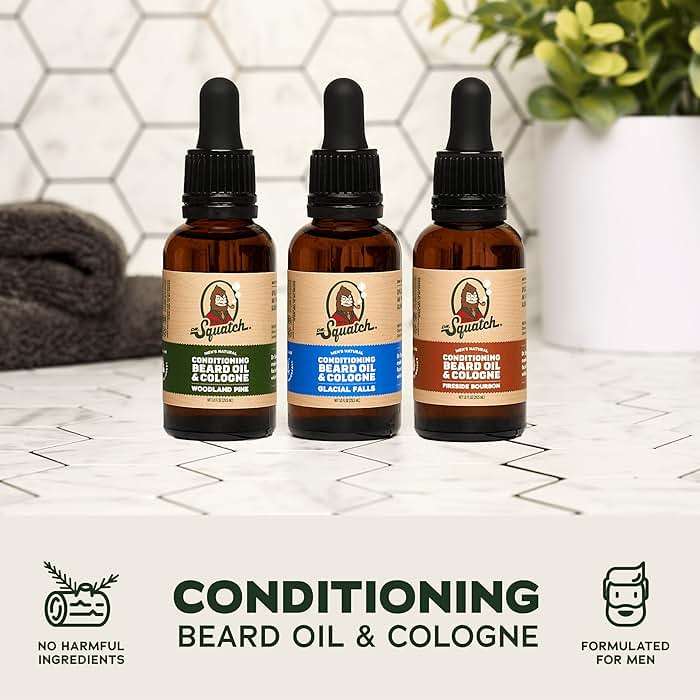 Dr. Squatch Conditioning Beard Oil & Cologne 3 Pack - Natural Men's Beard Oil Gift Pack - Nourish & Moisturize - Long Lasting Scent - Fireside Bourbon, Glacial Falls, Woodland Pine - Image 3