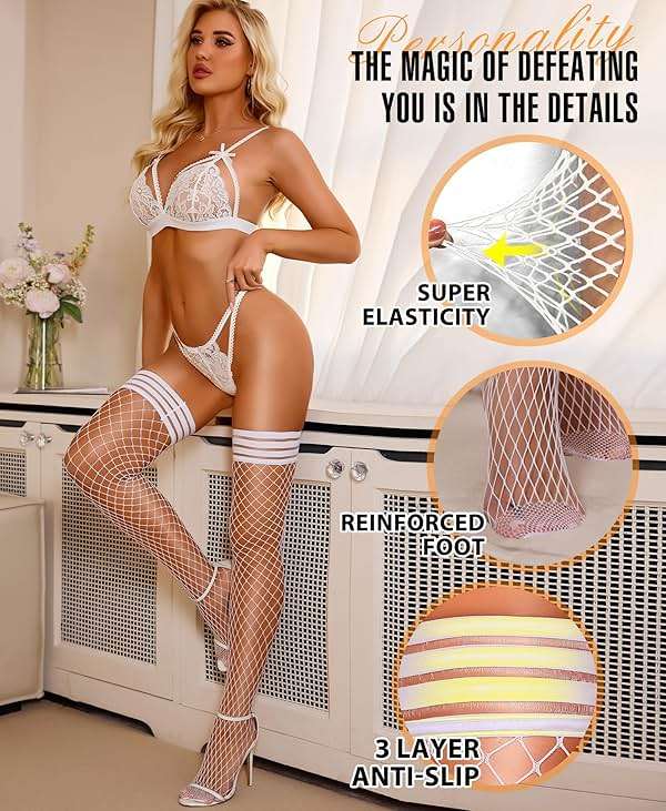 RSLOVE Fishnet Thigh High Stockings - Womens Fishnet Stockings Antiskid Silicone Stay Up Pantyhose Sexy Lingerie for Women - Image 3