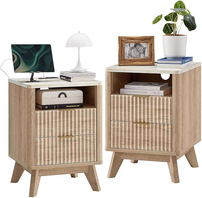 T4TREAM Fluted Nightstand Set of 2 with Charging Station, 18" Modern Side Table with Faux Marble Top, 2 Drawer End Table w/Storage, BedsideTable for Bedroom, Living Room, Curved Profile, Natural Oak - Image 1