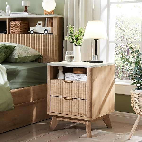 T4TREAM Fluted Nightstand Set of 2 with Charging Station, 18" Modern Side Table with Faux Marble Top, 2 Drawer End Table w/Storage, BedsideTable for Bedroom, Living Room, Curved Profile, Natural Oak - Image 7