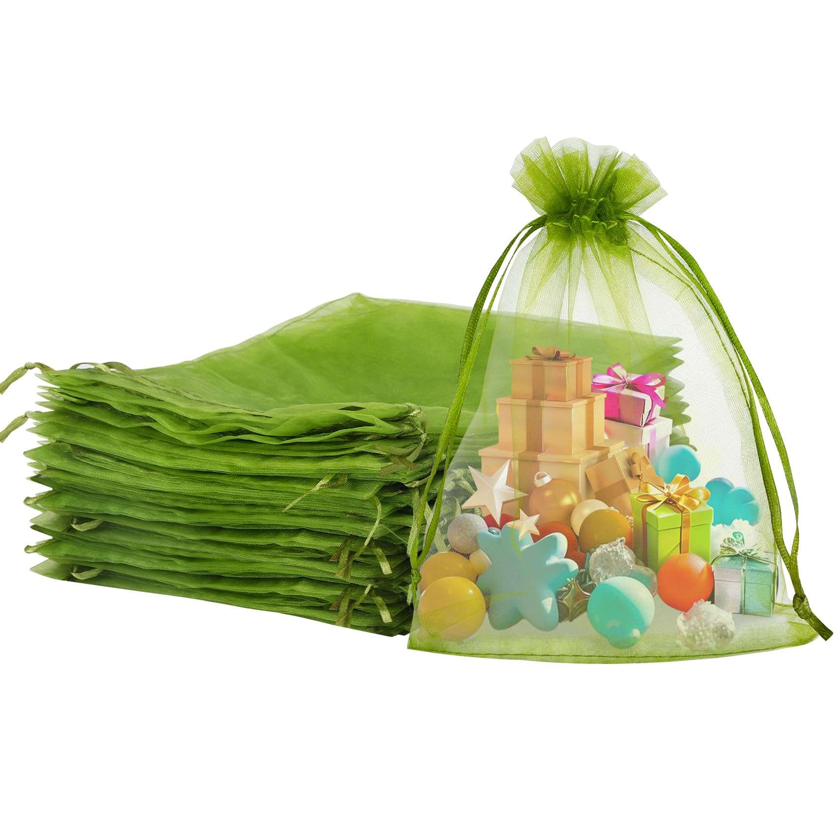 KQNBI 50 Pcs Organza Bags 6 x 9 Green Gift Bags Sheer Organza Bag Large Drawstring Mesh Bag Jewelry Pouch Bulk Gift Pouches for Candy Fruits Soaps Wedding Birthday Christmas Festival Party Favors - Image 1