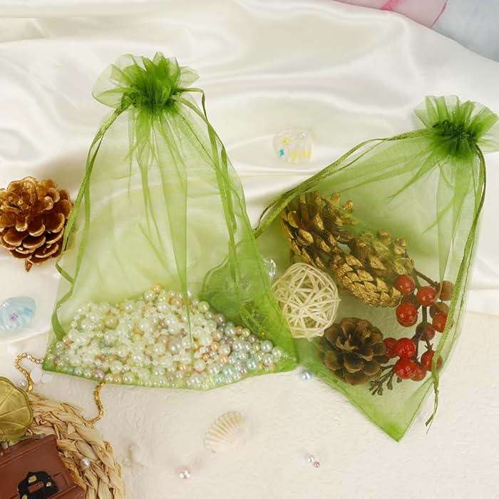 KQNBI 50 Pcs Organza Bags 6 x 9 Green Gift Bags Sheer Organza Bag Large Drawstring Mesh Bag Jewelry Pouch Bulk Gift Pouches for Candy Fruits Soaps Wedding Birthday Christmas Festival Party Favors - Image 2