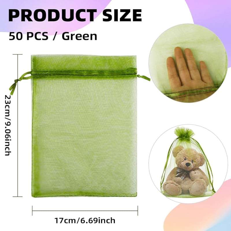 KQNBI 50 Pcs Organza Bags 6 x 9 Green Gift Bags Sheer Organza Bag Large Drawstring Mesh Bag Jewelry Pouch Bulk Gift Pouches for Candy Fruits Soaps Wedding Birthday Christmas Festival Party Favors - Image 3