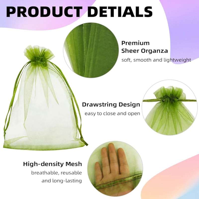 KQNBI 50 Pcs Organza Bags 6 x 9 Green Gift Bags Sheer Organza Bag Large Drawstring Mesh Bag Jewelry Pouch Bulk Gift Pouches for Candy Fruits Soaps Wedding Birthday Christmas Festival Party Favors - Image 4