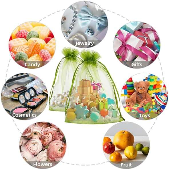KQNBI 50 Pcs Organza Bags 6 x 9 Green Gift Bags Sheer Organza Bag Large Drawstring Mesh Bag Jewelry Pouch Bulk Gift Pouches for Candy Fruits Soaps Wedding Birthday Christmas Festival Party Favors - Image 5