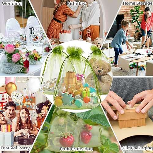 KQNBI 50 Pcs Organza Bags 6 x 9 Green Gift Bags Sheer Organza Bag Large Drawstring Mesh Bag Jewelry Pouch Bulk Gift Pouches for Candy Fruits Soaps Wedding Birthday Christmas Festival Party Favors - Image 7